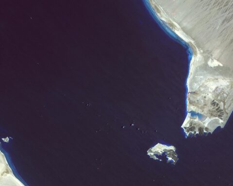 Bab-el-Mandeb strait ASTER satellite image showing the chokepoint between Yemen and Djibouti with Perim Island, 2017