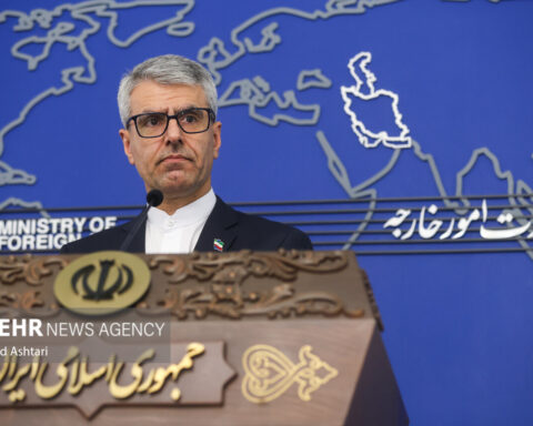 Iranian Foreign Ministry spokesman Esmaeil Baghaei at the weekly Tehran press briefing podium, Ministry of Foreign Affairs, October 2025