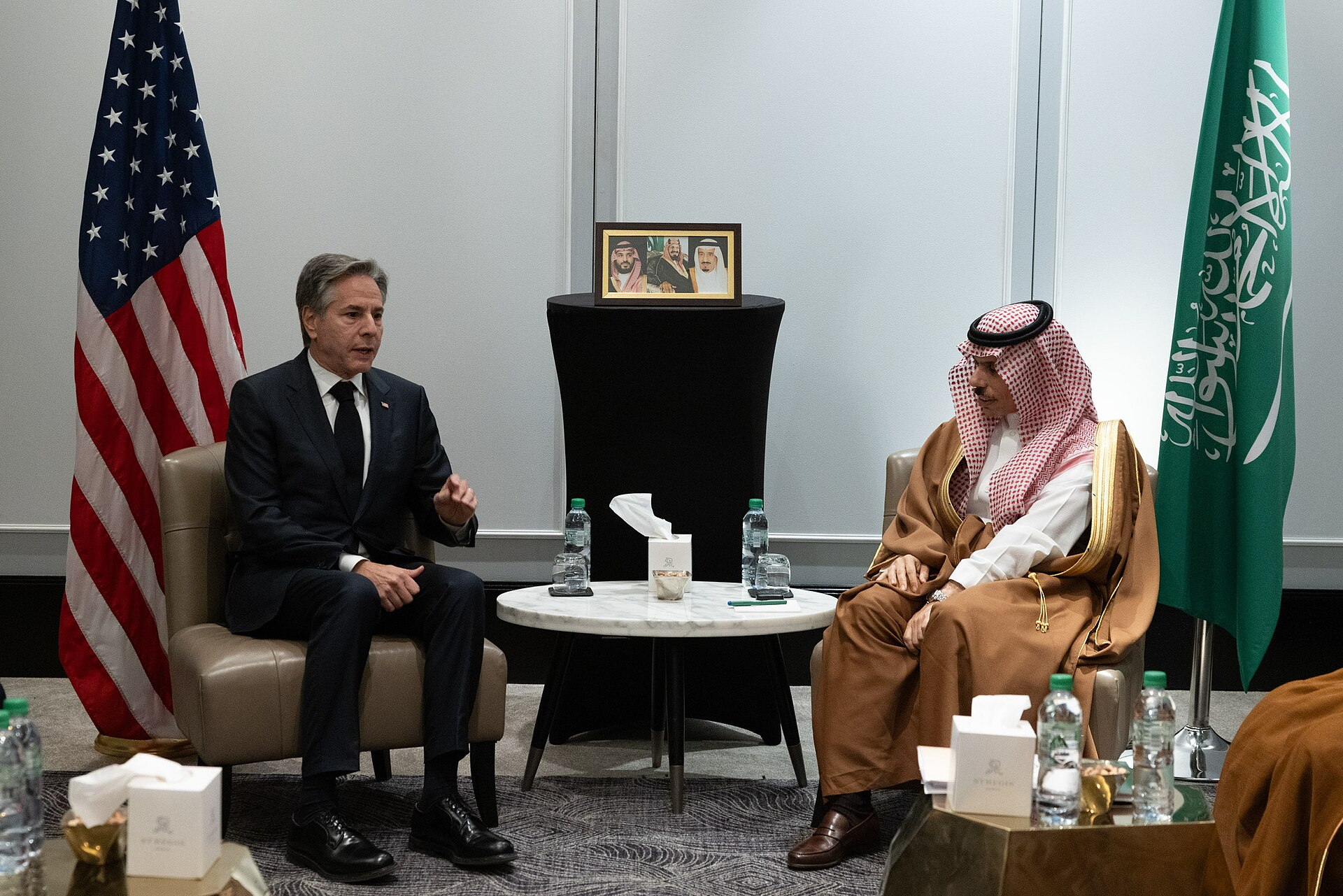 Saudi Foreign Minister Prince Faisal bin Farhan Al Saud in a bilateral meeting with US Secretary of State Antony Blinken in Amman, Jordan, November 2023 — Riyadh holds no seat, signatory status, or observer role in either the Islamabad technical track or Doha principals track. Photo: US State Department / Public Domain