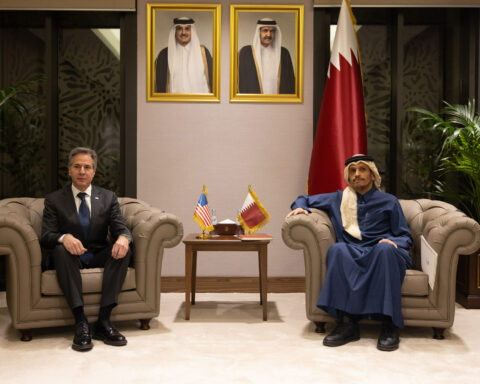 Qatar Prime Minister and Foreign Minister Sheikh Mohammed bin Abdulrahman Al Thani meets with US Secretary of State Blinken in Doha, February 2024