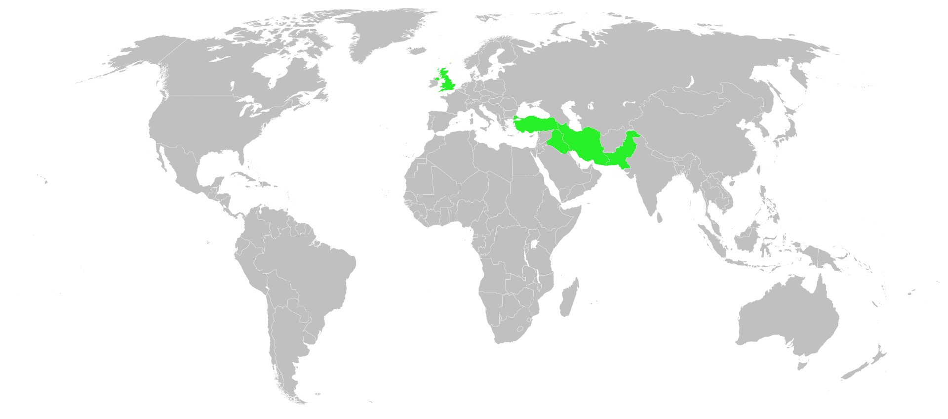Map showing Baghdad Pact CENTO member states — Turkey, Iraq, Iran, Pakistan, United Kingdom — 1955