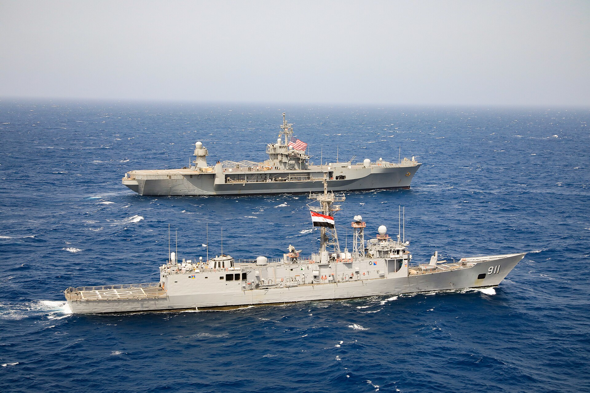 Egyptian Navy frigate ENS Alexandria (F911) and US Navy command ship USS Mount Whitney (LCC-20) underway in the Red Sea in support of Combined Task Force 153, April 2022 — the multinational naval coalition whose interdiction record against Houthi asymmetric maritime attacks remains limited
