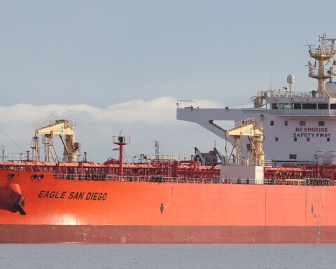 Crude oil tanker Eagle San Diego at port — carrying petroleum products, representative of the Aframax tankers that move Middle Eastern crude to Asia and Europe