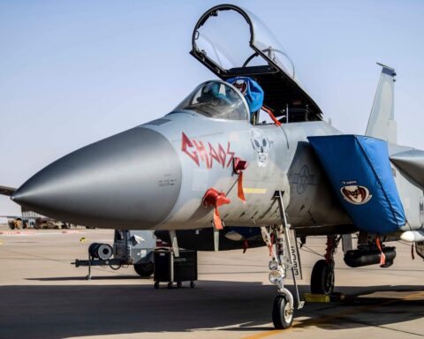 F-15C Eagle of the 44th Expeditionary Fighter Squadron parked on the ramp at Prince Sultan Air Base, Saudi Arabia, June 2020