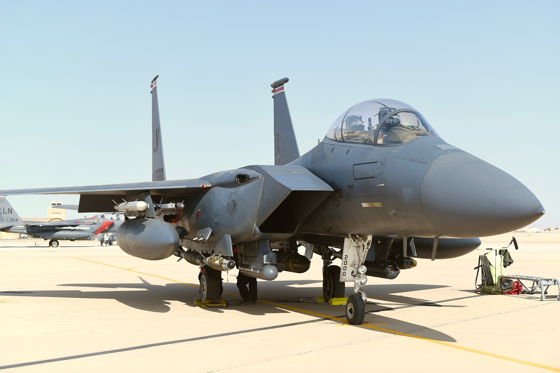 F-15E Strike Eagle on the flight line at Prince Sultan Air Base, Saudi Arabia, prior to a sortie in January 2020