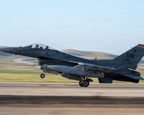A US Air Force F-16 Fighting Falcon lands at a base in the Middle East during Operation Epic Fury, March 2026