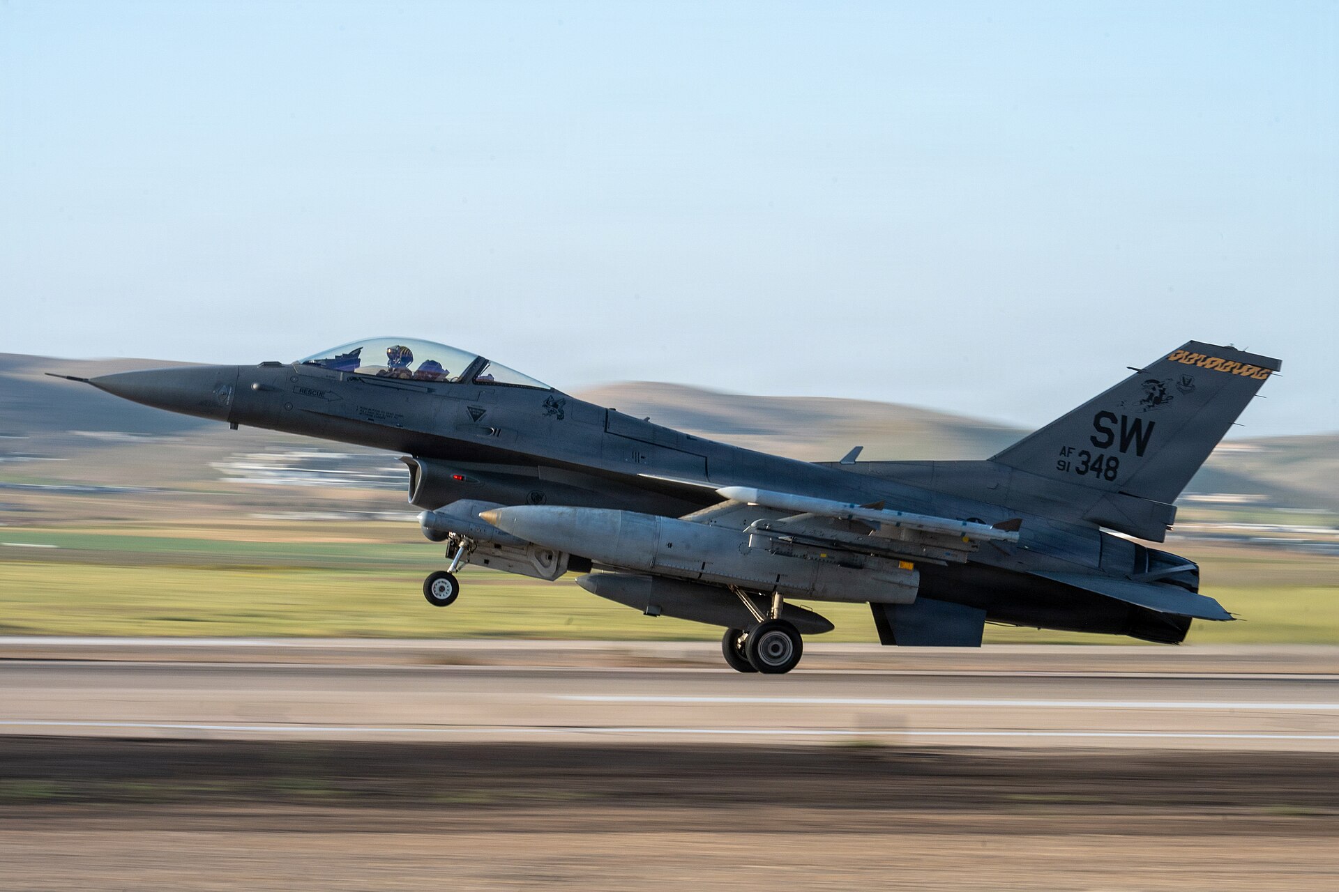 A US Air Force F-16 Fighting Falcon lands at a base in the Middle East during Operation Epic Fury, March 2026