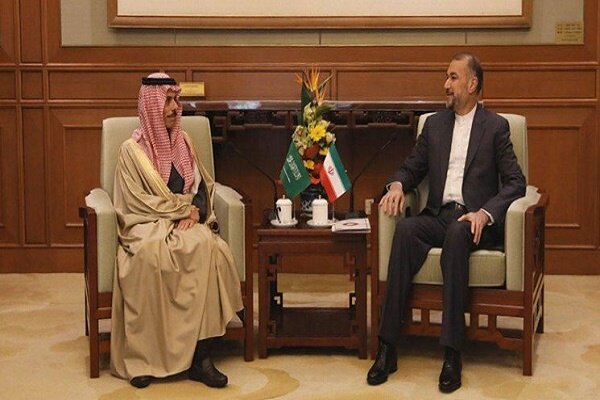 Saudi Foreign Minister Prince Faisal bin Farhan meets Iranian Foreign Minister Hossein Amir-Abdollahian during their first bilateral meeting in Beijing, April 2023, following the Saudi-Iran normalization agreement