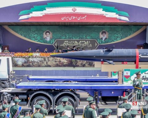 Fattah hypersonic missile on IRGC transporter at Sacred Defence Week parade in Tehran, 2023