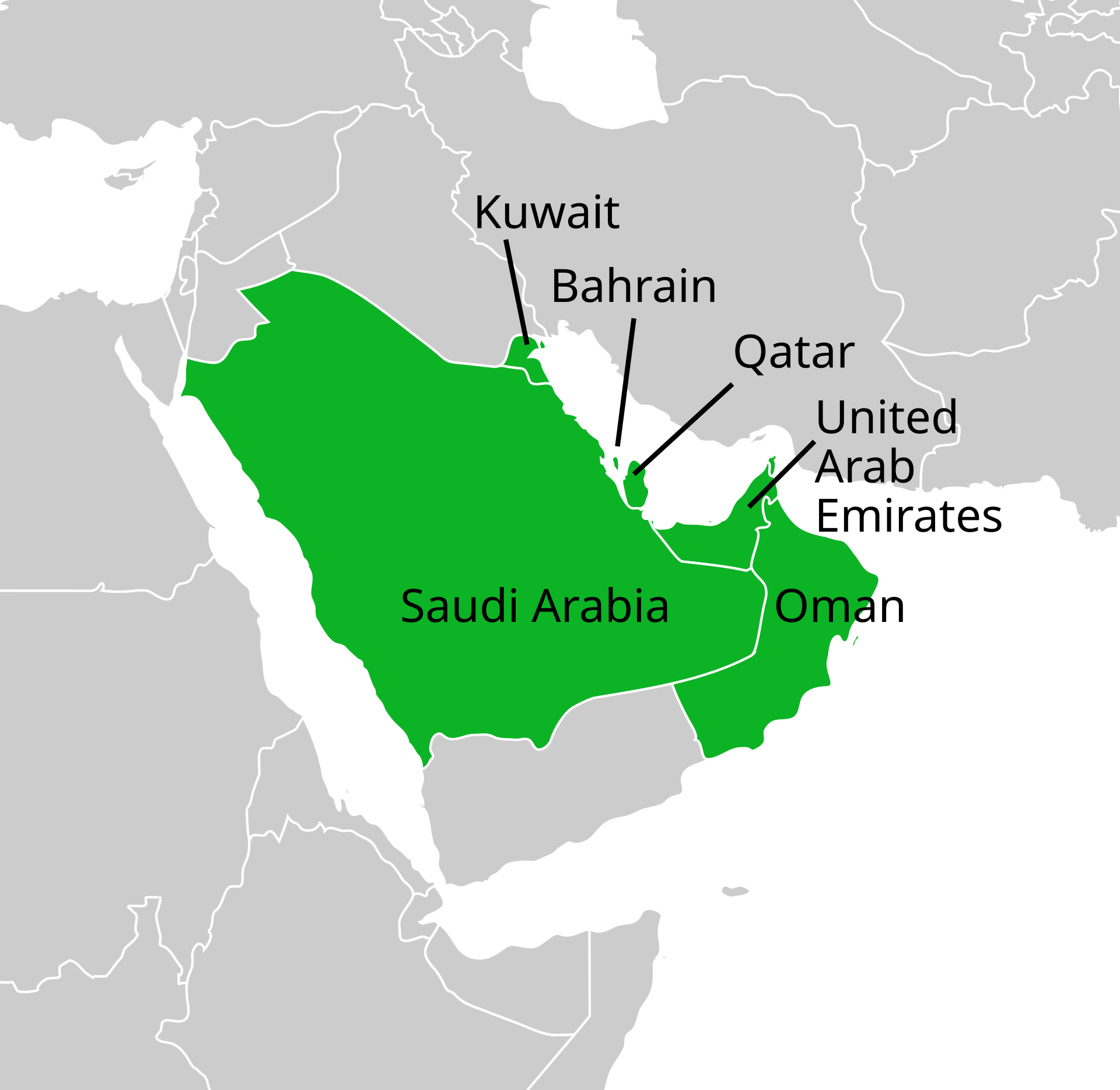 Map of the six Gulf Cooperation Council member states: Saudi Arabia (dominant), Kuwait, Bahrain, Qatar, UAE, and Oman. Iran struck Kuwait and Bahrain on July 8, 2026, then Qatar and Jordan on July 9 — but left Saudi Arabia off the initial strike list.