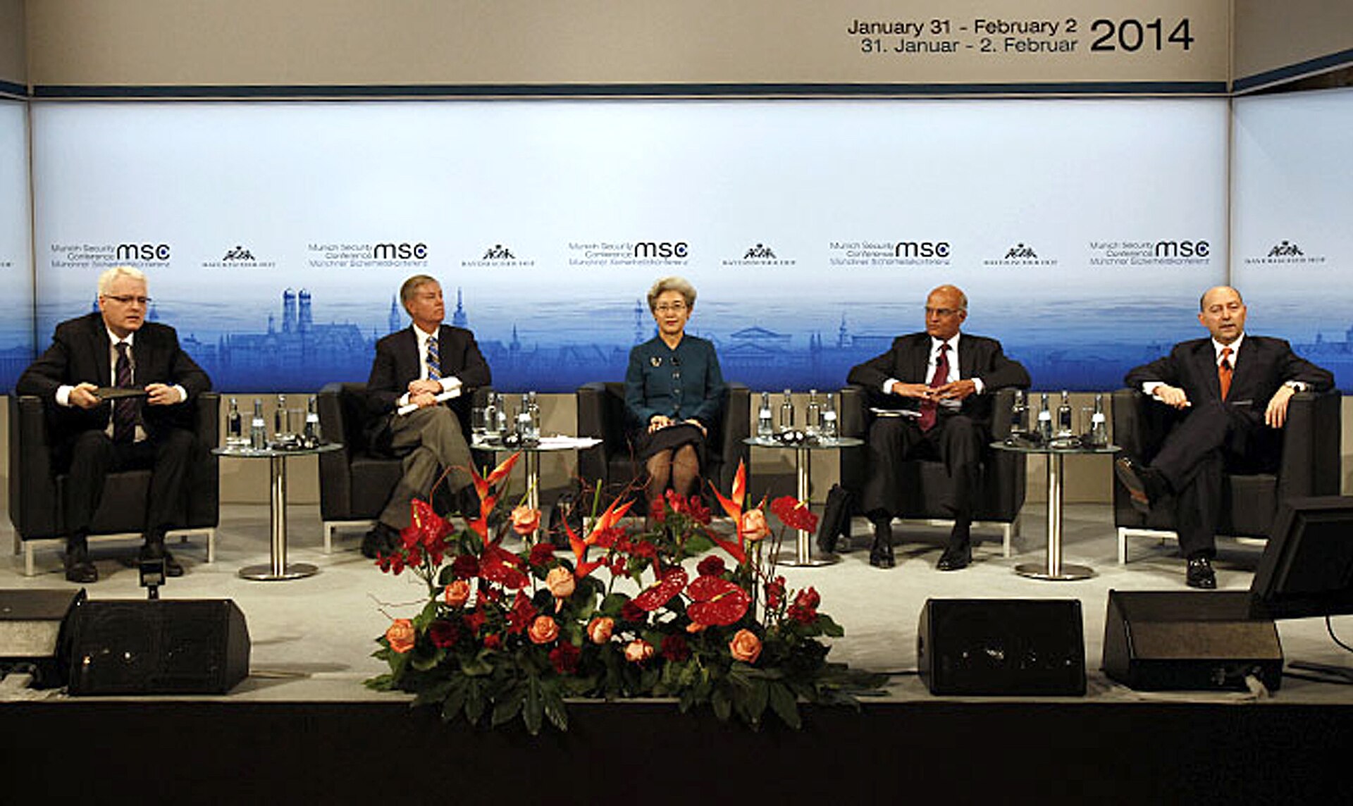 Senator Lindsey Graham at the 50th Munich Security Conference panel in February 2014, seated alongside China National Peoples Congress Deputy Chairman Fu Ying and other senior officials
