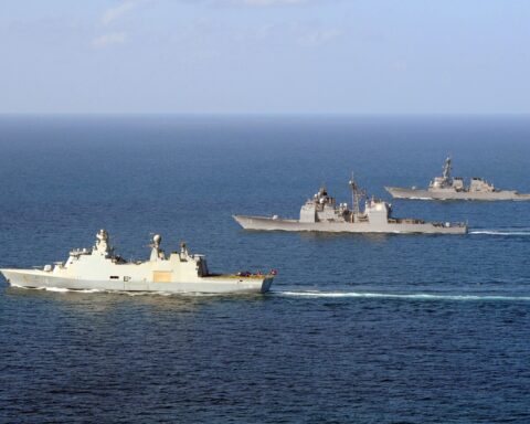 Combined Task Force 151 warships transit the Gulf of Aden in February 2009, the maritime corridor south of the Bab-el-Mandeb strait where Houthi forces attacked the Magic Seas and Eternity C bulk carriers in July 2025