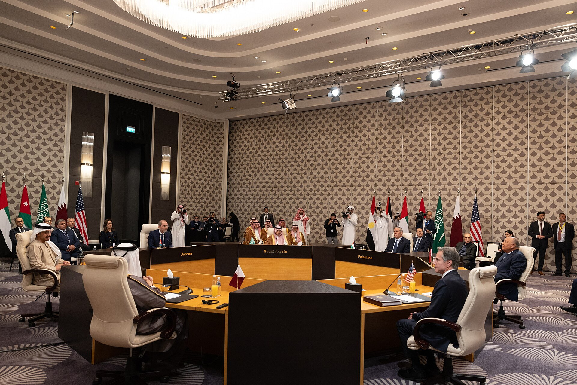 US Secretary of State Blinken meets with Gulf foreign ministers including Saudi Arabia's Prince Faisal bin Farhan, Qatar's Prime Minister Al Thani, UAE FM Abdullah bin Zayed, and Egypt's FM Shoukry — a format parallel to the quintet consultation mechanism Saudi Arabia relies on for informal ceasefire influence