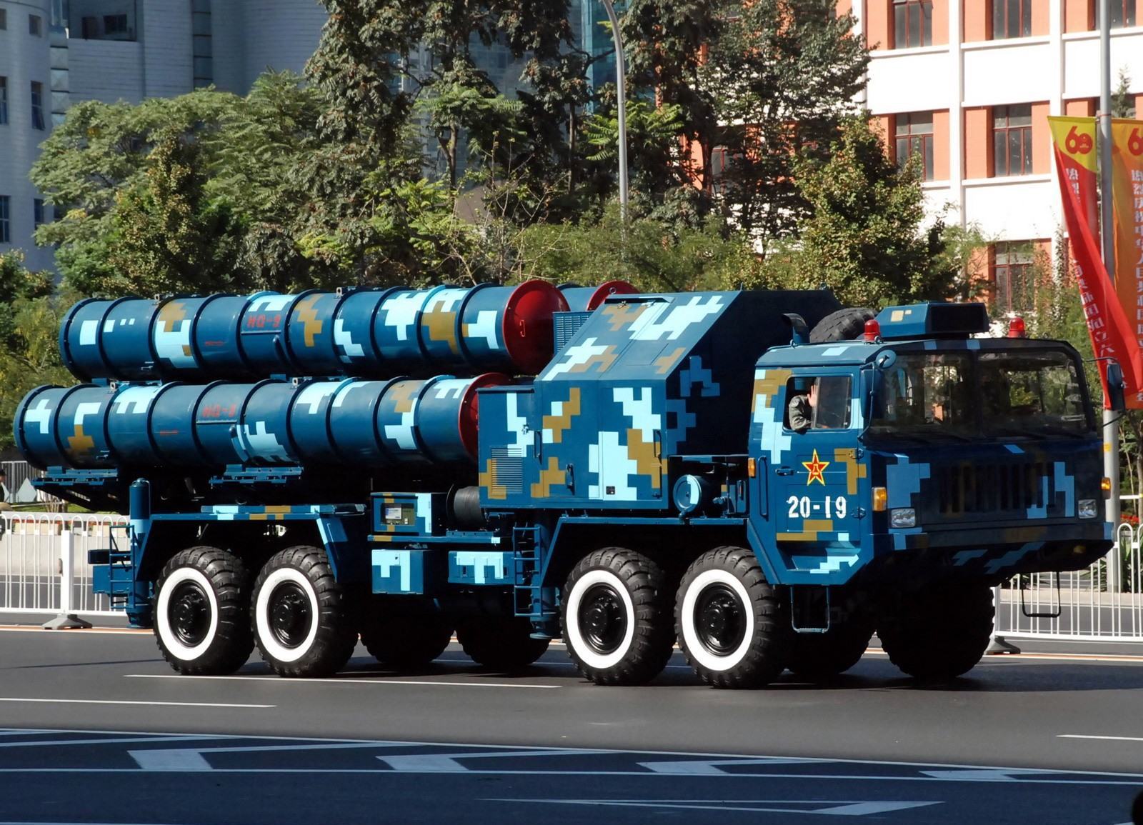 Chinese HQ-9 HongQi-9 surface-to-air missile launcher on transporter-erector-launcher vehicle at China 60th anniversary military parade, 2009