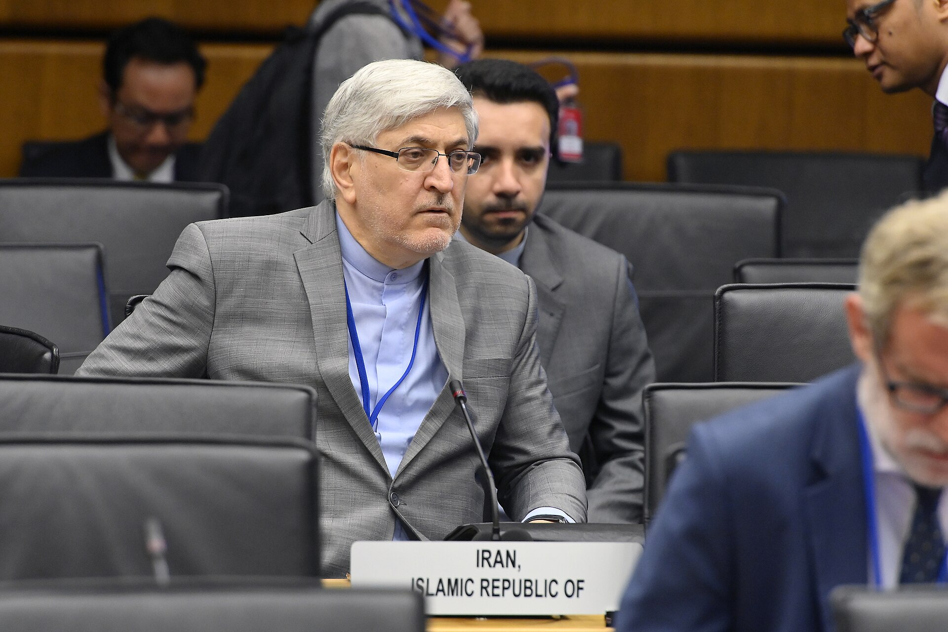 Iran representative at IAEA Board of Governors meeting in Vienna with Islamic Republic of Iran nameplate, September 2023