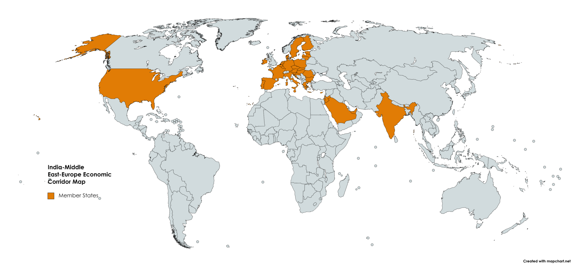 India-Middle East-Europe Economic Corridor (IMEC) member states map showing participating countries