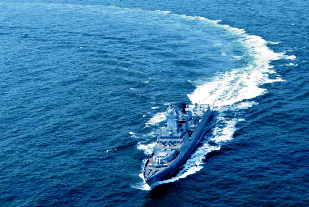 INS Kochi, Project 15A Kolkata-class guided-missile destroyer of the Indian Navy, underway at sea during sea trials — one of the warships deployed in Operation Urja Suraksha