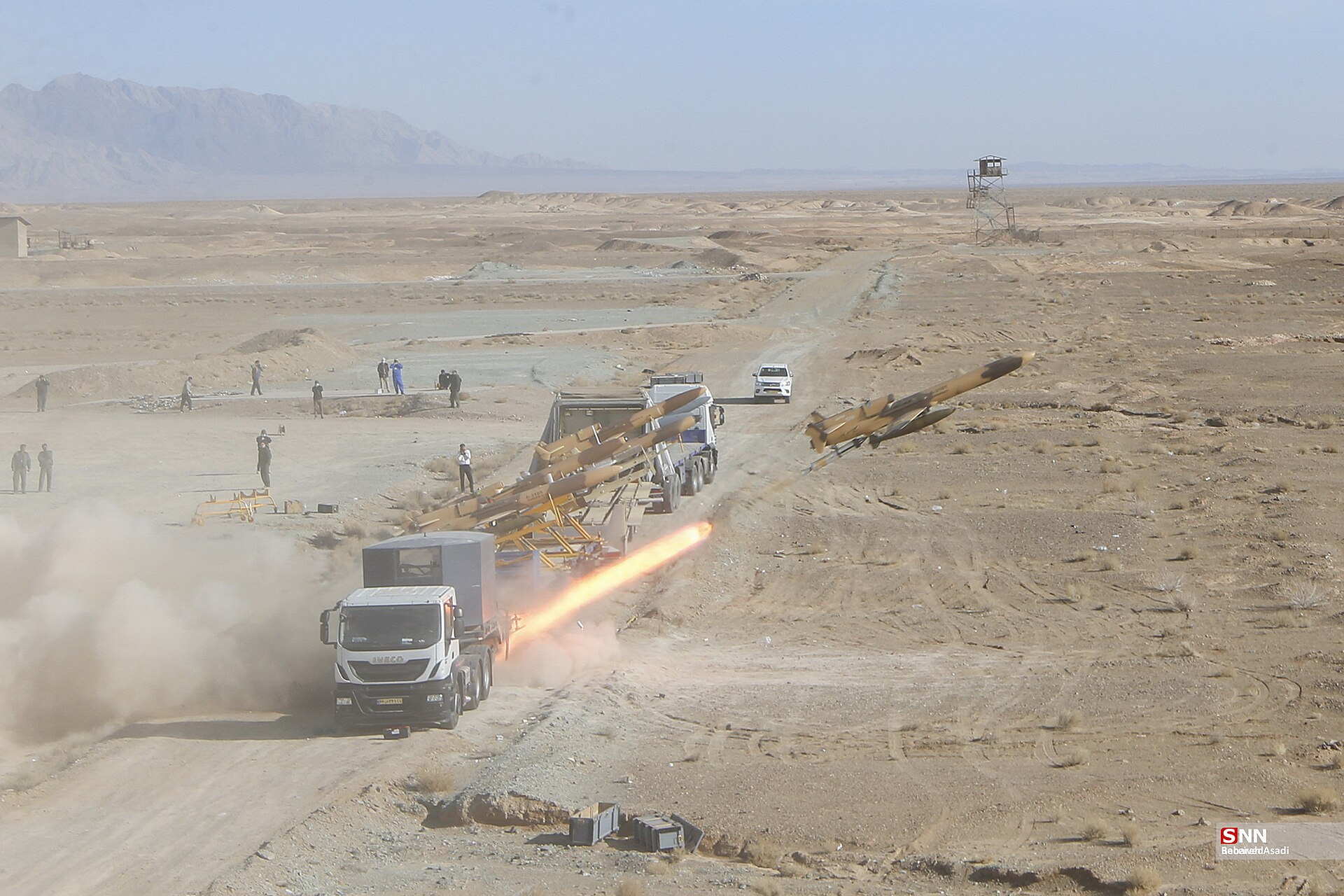 Iranian Army Karrar interceptor drones launching from truck-mounted platform during Artesh Great Drone Warfare Exercise in Semnan desert, January 2021