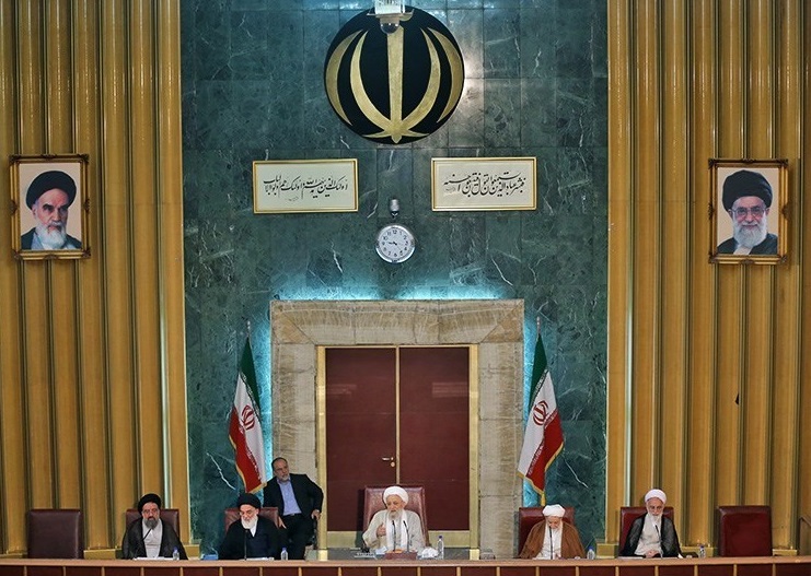 Iran's Assembly of Experts in session — the 88-member body that selected Mojtaba Khamenei as Supreme Leader on March 8-9, 2026, with 62 of 88 members (70 percent) later calling the MOU a strategic mistake