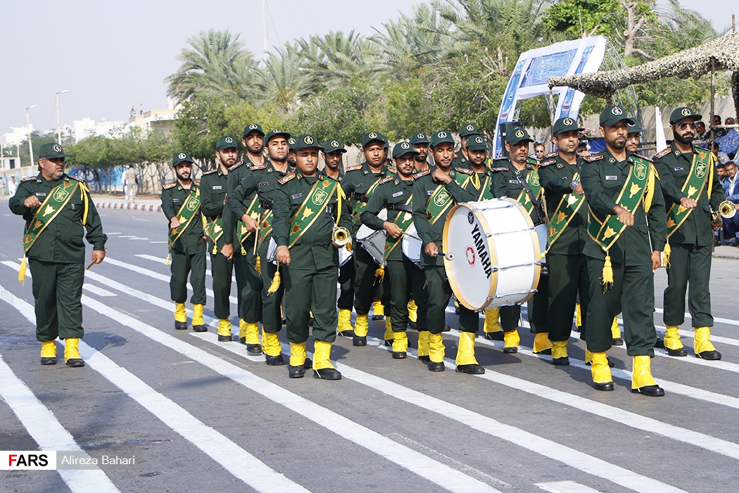 IRGC soldiers march at Iran Army Day parade, April 2019, marking the Islamic Republic's annual military display