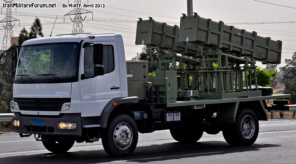 Iranian military missile system on truck-mounted launcher during Islamic Republic of Iran Army Day parade in Tehran, April 2013