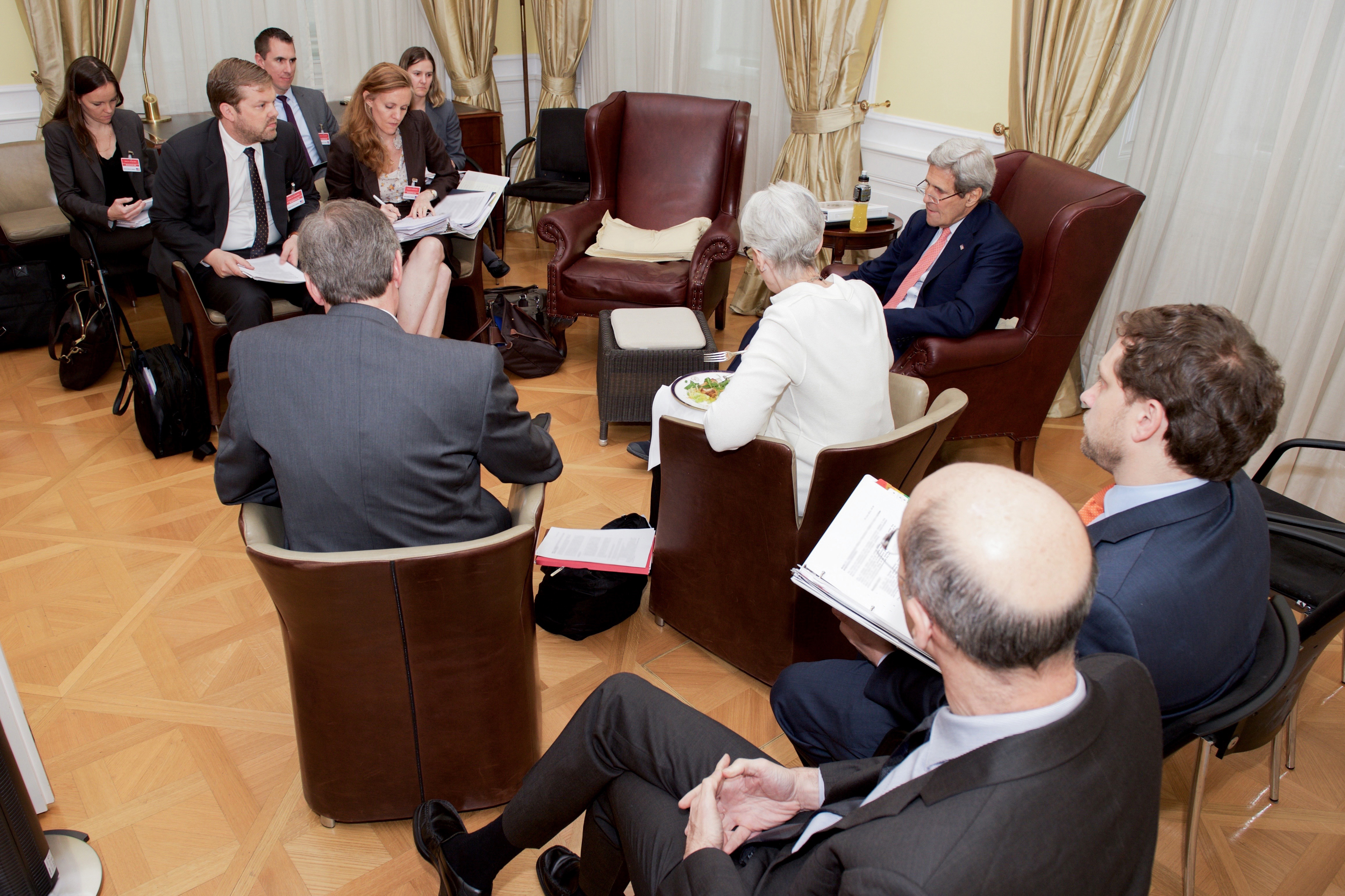 US nuclear negotiating team experts in a morning pre-brief session during Iran nuclear talks in Switzerland, 2015 — the technical-level working group that refines language for political-level decisions