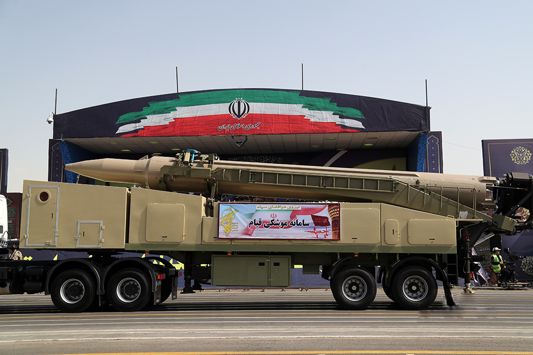 Iran IRGC Qiam ballistic missile system on mobile launcher at the 2019 Sacred Defense Week parade in Tehran