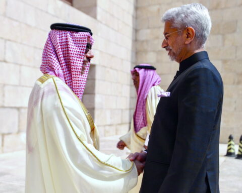 Indian External Affairs Minister S. Jaishankar shakes hands with Saudi Foreign Minister Prince Faisal bin Farhan in Riyadh, September 2022