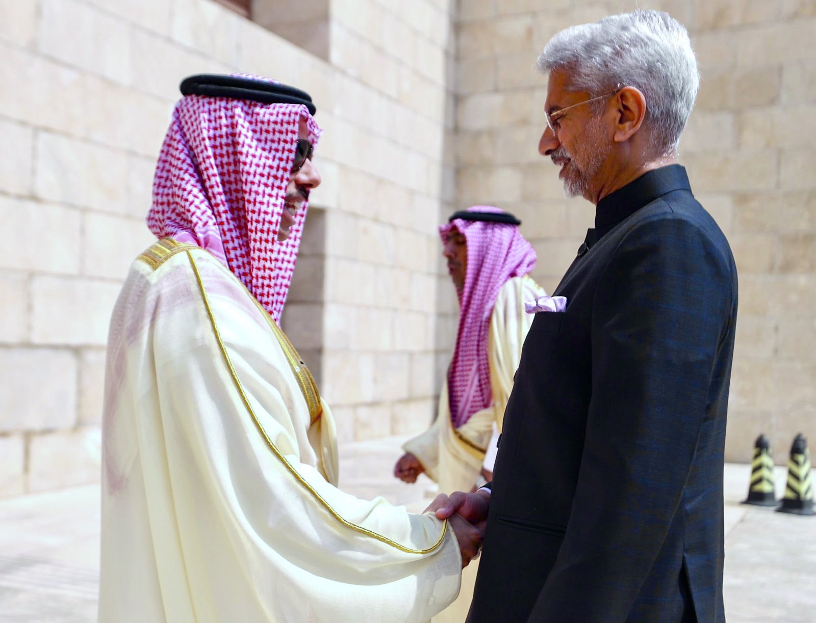 Indian External Affairs Minister S. Jaishankar shakes hands with Saudi Foreign Minister Prince Faisal bin Farhan in Riyadh, September 2022