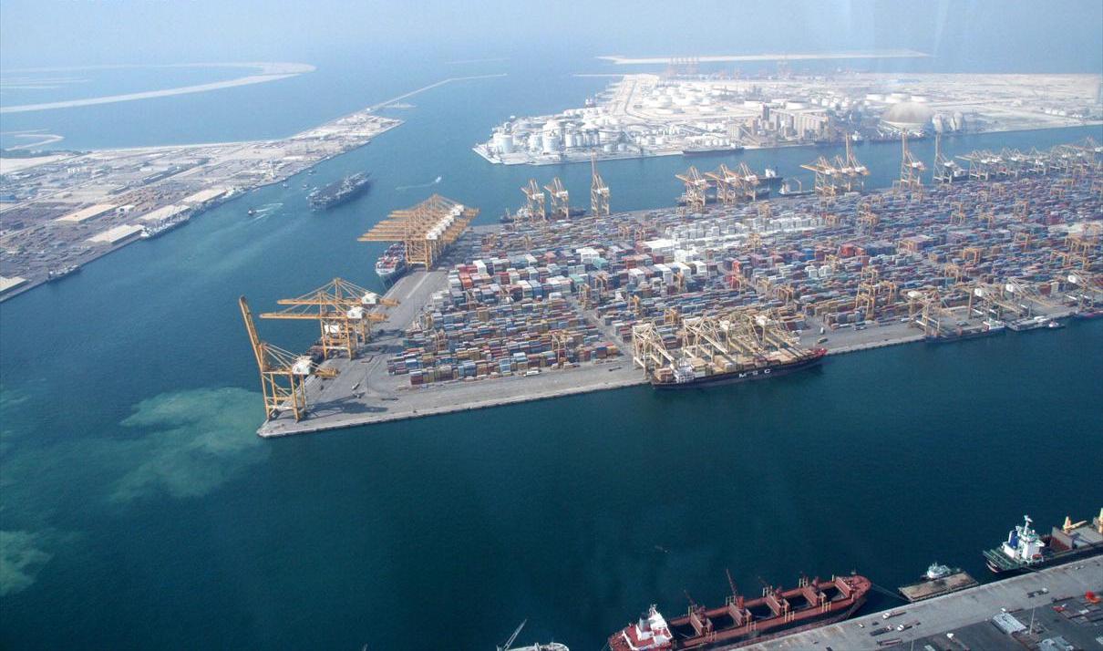 Aerial view of Jebel Ali Port Dubai showing container terminal with cranes and ships