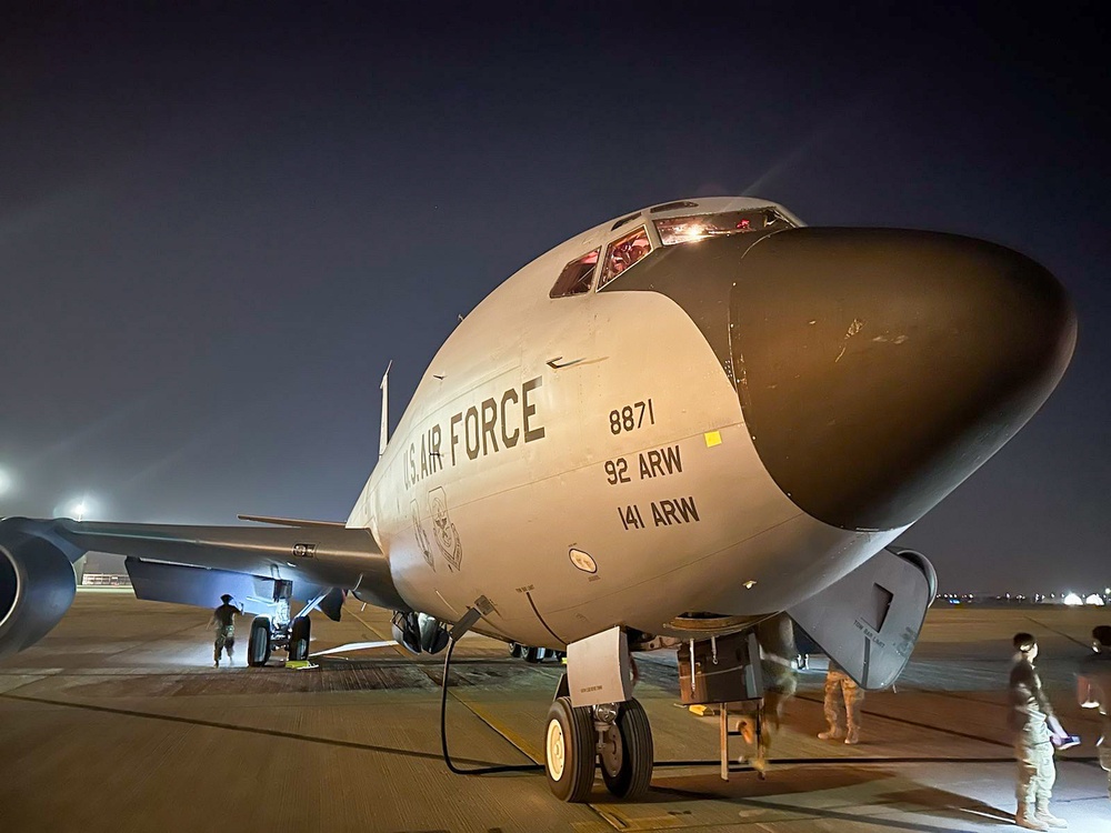 A KC-135 Stratotanker from Fairchild Air Force Base arrives at Prince Sultan Air Base, Saudi Arabia, to support the 384th Expeditionary Air Refueling Squadron, October 2023