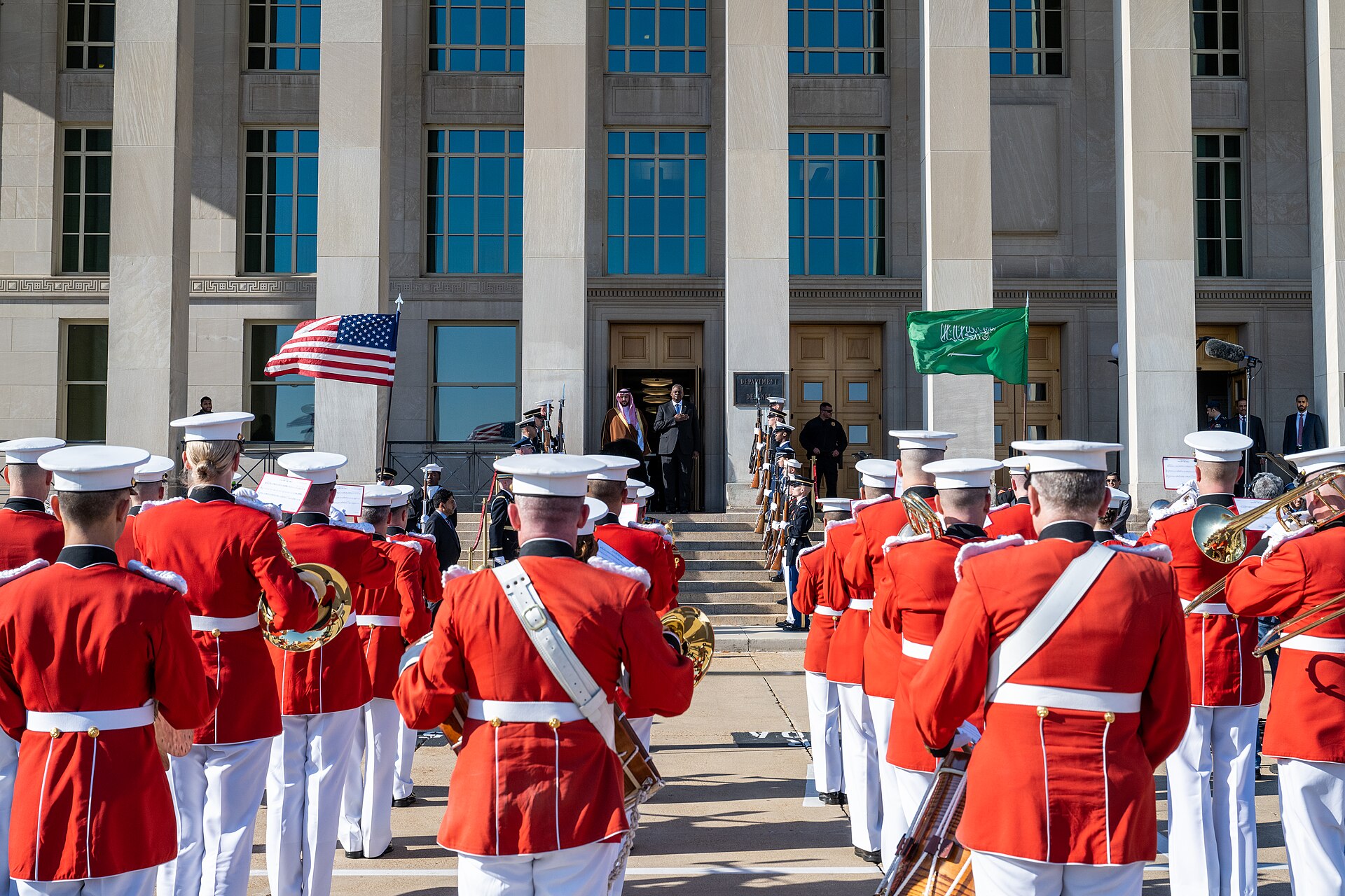 Full military honors ceremony at the Pentagon as Saudi Defence Minister Prince Khalid bin Salman arrives for a bilateral exchange with US Secretary of Defense Lloyd Austin, November 2023, with the Saudi flag flying alongside the US flag