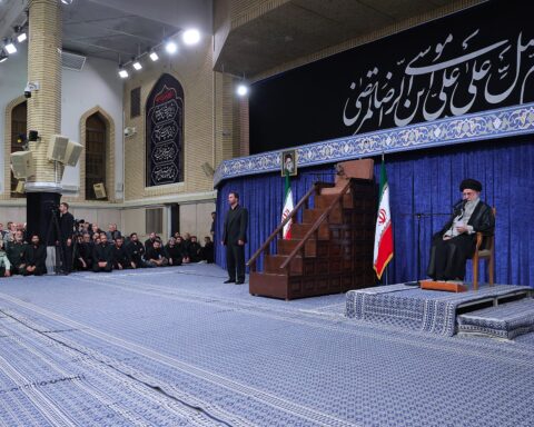 Ali Khamenei presiding over Imam Reza mourning ceremony at Hussainiyeh, 2025