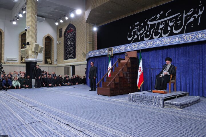 Ali Khamenei presiding over Imam Reza mourning ceremony at Hussainiyeh, 2025