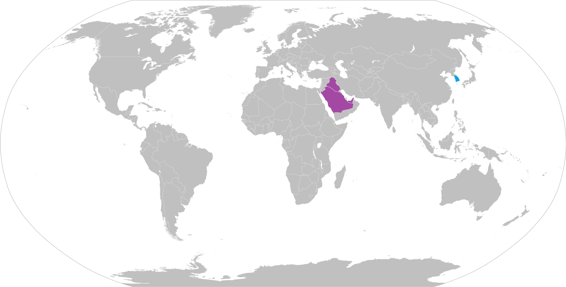 World map of KM-SAM Cheongung-II operator nations as of 2025: South Korea and Saudi Arabia are the only confirmed operators, with UAE classified as a prospective customer — a two-country export footprint that leaves Riyadh without allied experience to draw on if integration problems emerge