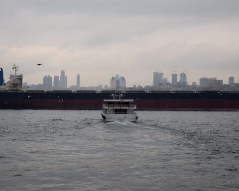 Liberian-flagged bulk carrier similar to Magic Seas and Eternity C transiting a strait — both ships sunk by Houthi forces in the Red Sea in July 2026 were Liberian-registered and Greek-owned