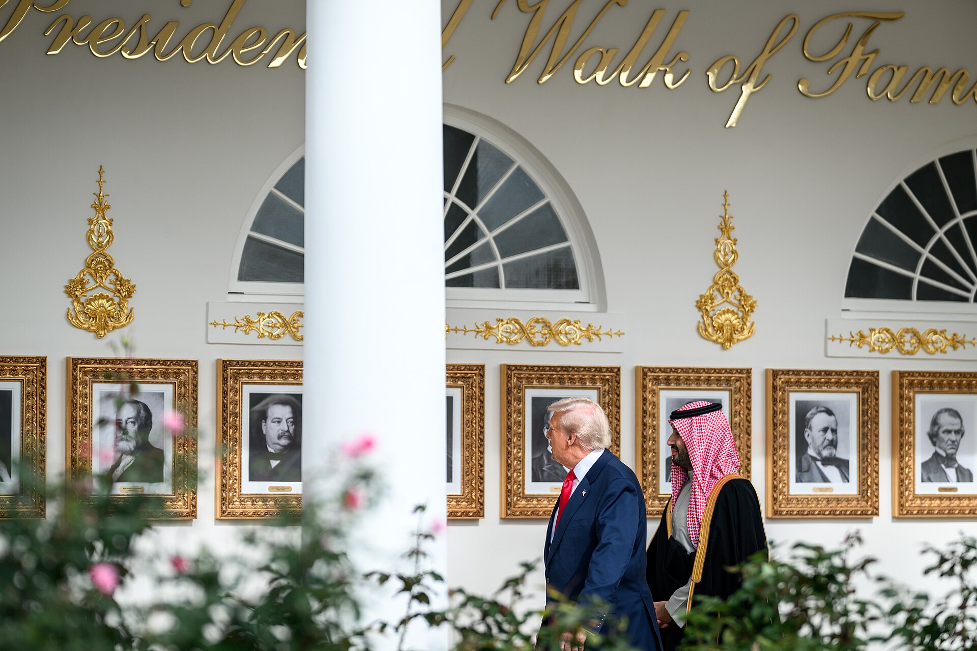 Trump and MBS walking the White House West Colonnade to the Oval Office, November 18 2025