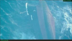 MV Rubymar sinking in the Red Sea on 2 March 2024, photographed by US Central Command — one of six ships sunk by Houthi forces across the Red Sea campaign