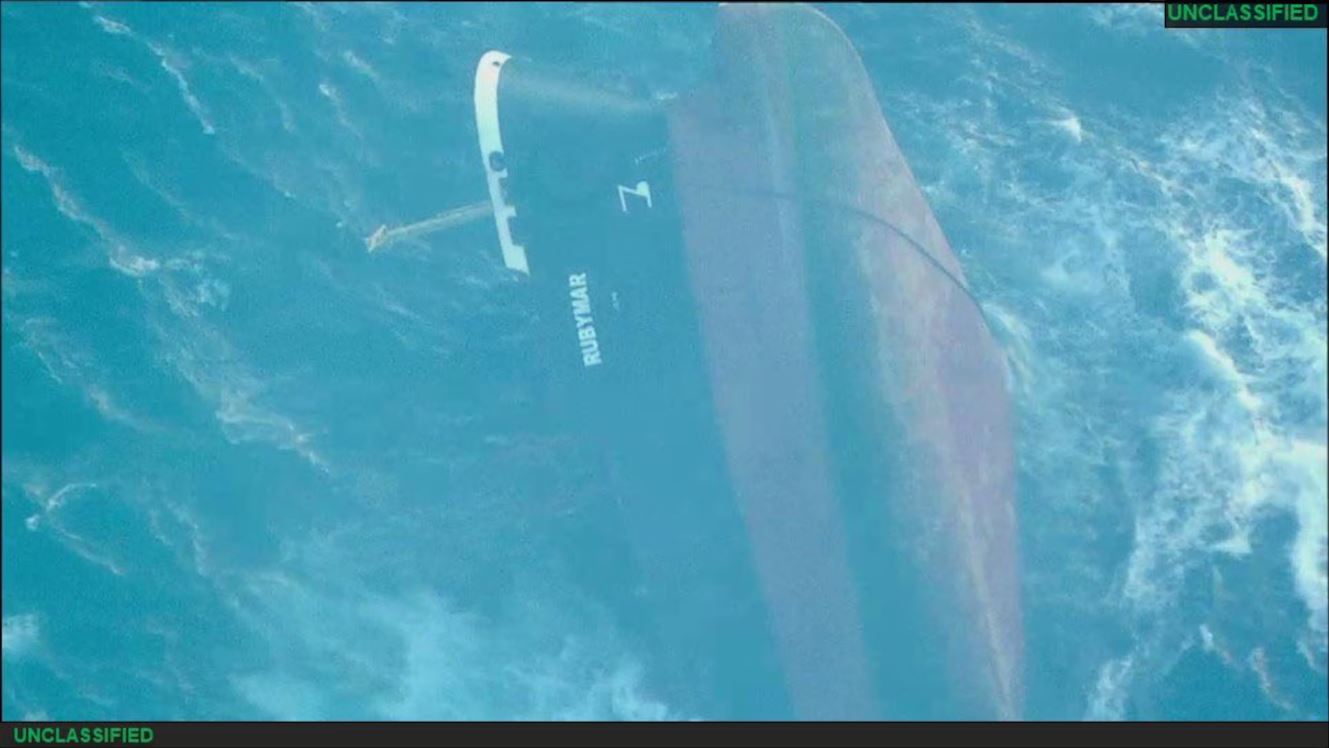 MV Rubymar sinking in the Red Sea on 2 March 2024, photographed by US Central Command — one of six ships sunk by Houthi forces across the Red Sea campaign