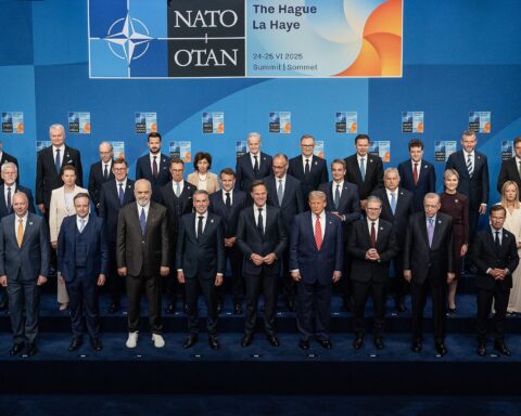 NATO allied leaders family photo at the 2025 Hague Summit, with NATO Secretary General Mark Rutte and President Trump in the front row, representing the Alliance that placed Hormuz on its collective agenda at Ankara 2026