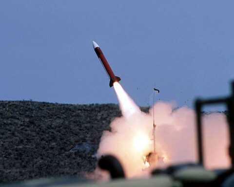 A Patriot missile launches from its battery during a live-fire exercise at McGregor Range, New Mexico, demonstrating the terminal-phase intercept capability Saudi Arabia depends on for defence against Iranian ballistic missiles