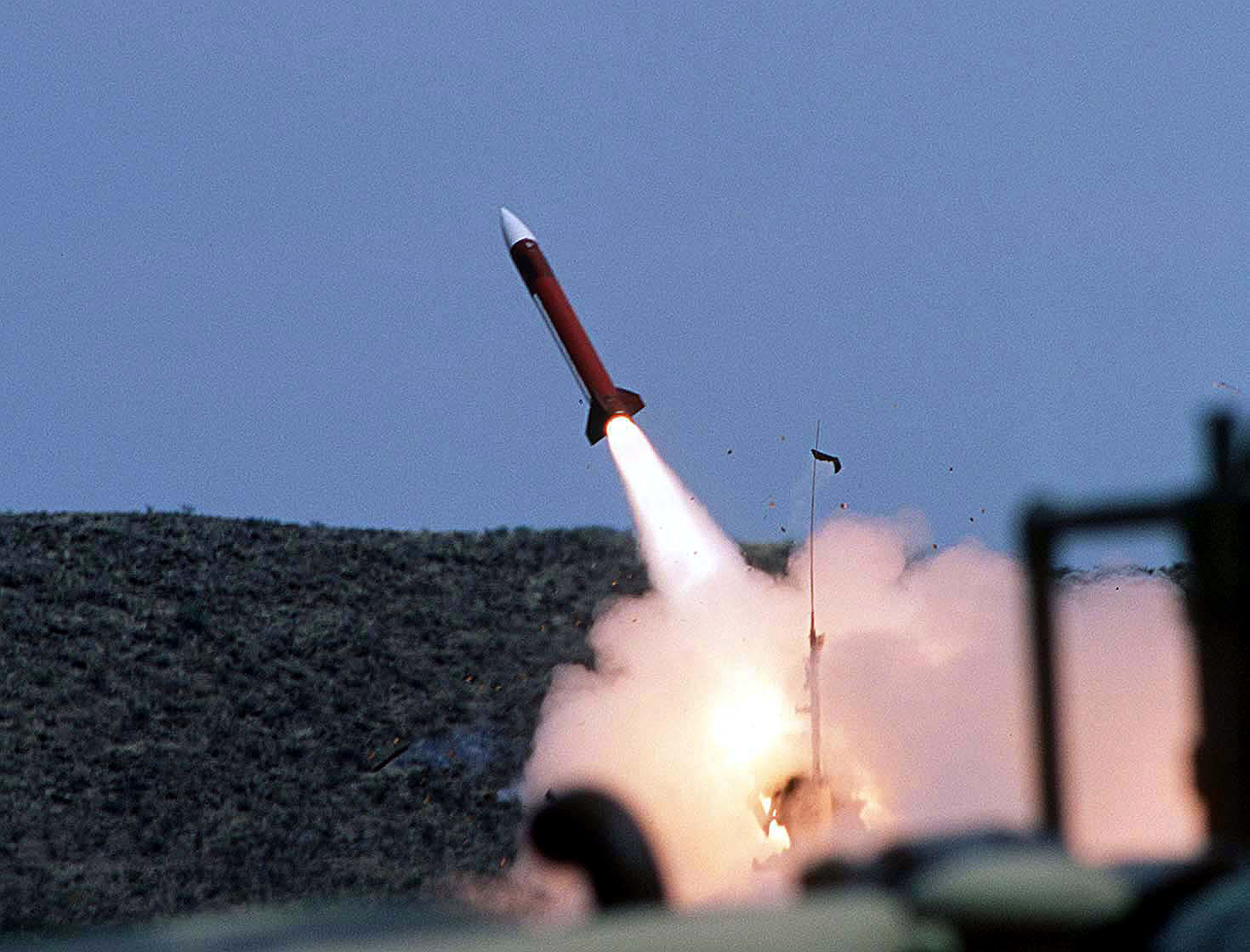 A Patriot missile launches from its battery during a live-fire exercise at McGregor Range, New Mexico, demonstrating the terminal-phase intercept capability Saudi Arabia depends on for defence against Iranian ballistic missiles
