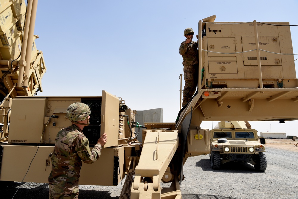 US Army soldiers perform system validation on a Patriot air defense launcher at Al Dhafra Air Base, UAE, April 2019