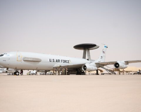 E-3G AWACS aircraft of the 968th Expeditionary Airborne Air Control Squadron on the ramp at Prince Sultan Air Base, Saudi Arabia — the command-and-control airframe type destroyed in a March 2026 Iranian strike, eliminating Saudi theatre air defence network fusion