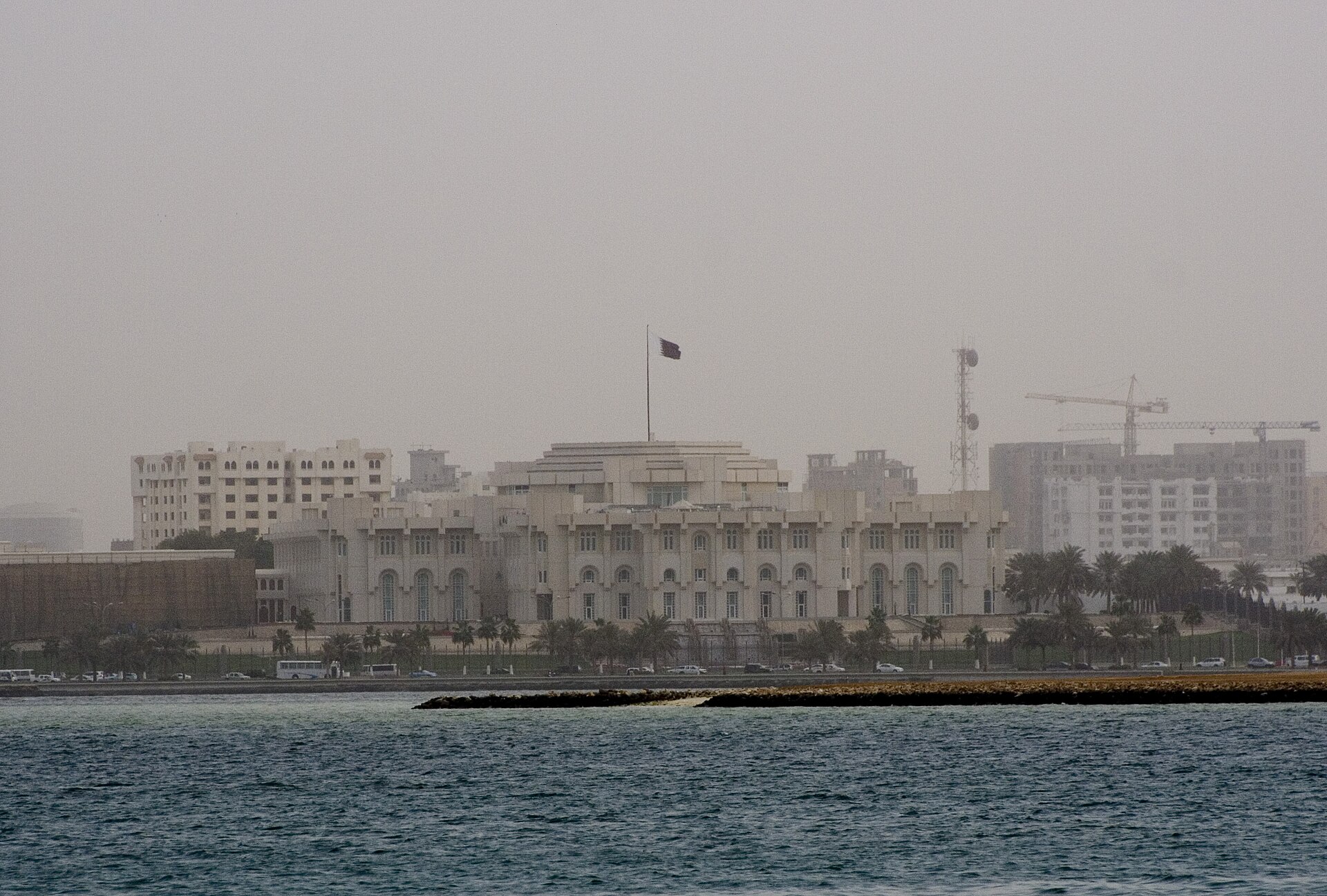 Qatar Amiri Diwan seen from Doha Bay, official palace of the Emir and seat of the Prime Minister