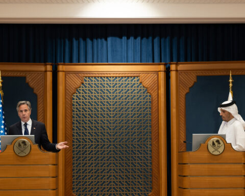 Qatar Prime Minister and Foreign Minister Mohammed bin Abdulrahman Al Thani at joint press availability with US Secretary of State Blinken in Doha, June 2024