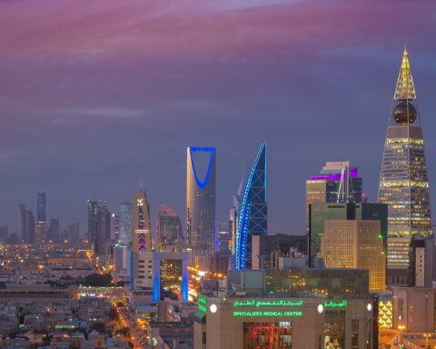 Riyadh skyline at dusk showing Kingdom Tower and KAFD district — the Saudi capital that anchors the new security axis replacing the GCC's Saudi-UAE core