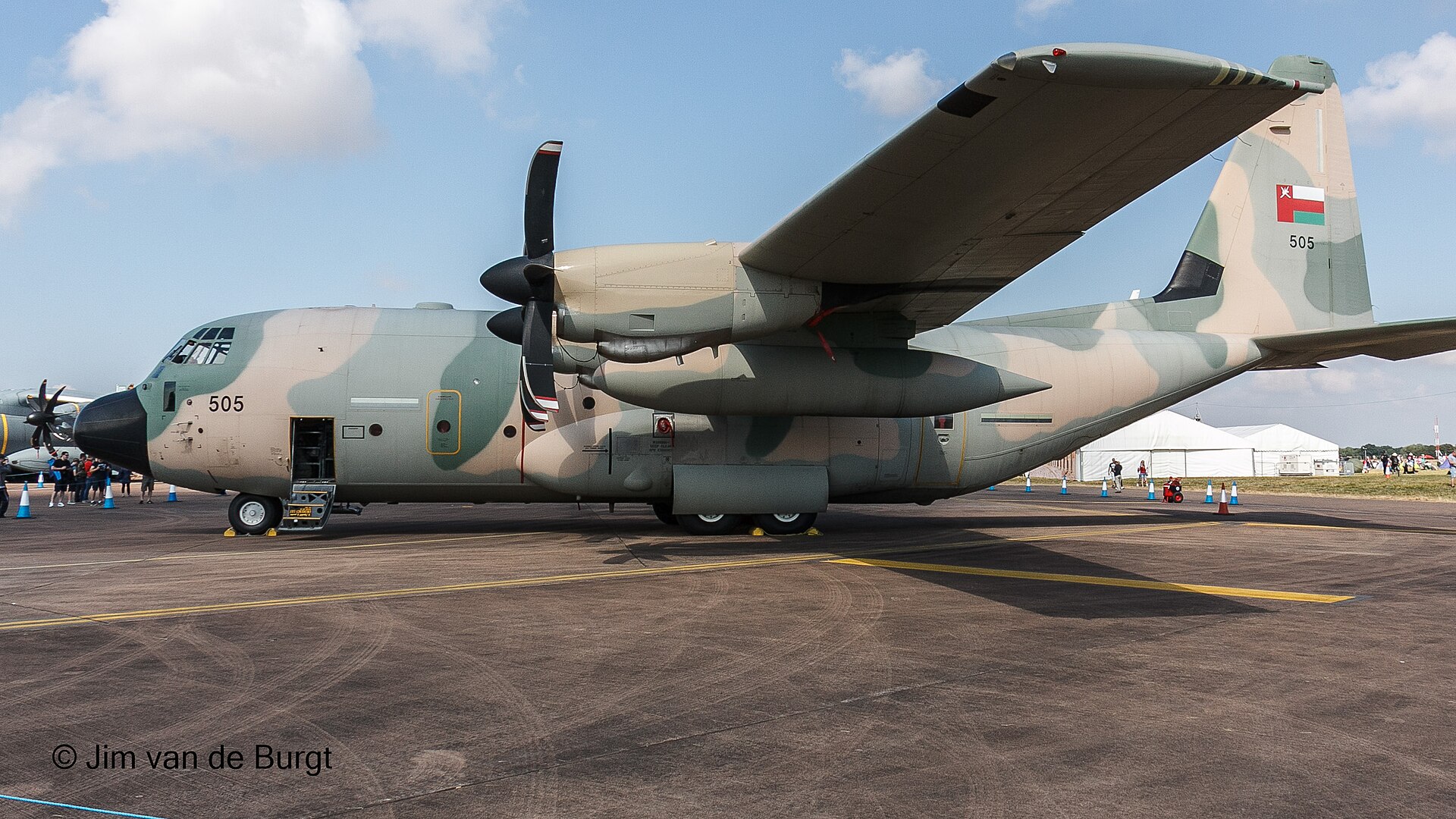 A Royal Air Force of Oman C-130J Super Hercules transport aircraft, serial 505, the type used to fly Galaxy Leader and Eternity C crew from Sanaa to Muscat following Oman's mediation of their release