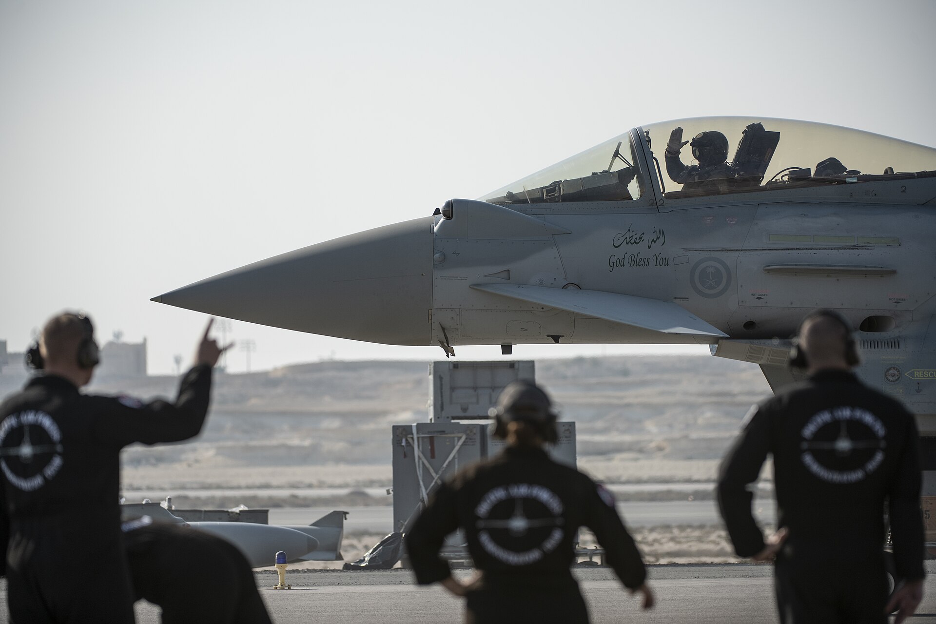 Royal Saudi Air Force Eurofighter Typhoon pilot taxis at Sakhir Air Base Bahrain during the 2024 International Airshow