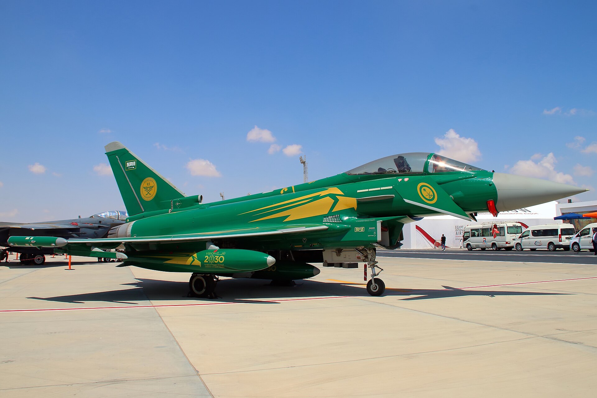 Royal Saudi Air Force Eurofighter Typhoon F2 in Saudi National Day Vision 2030 special livery at El Alamein Air Show September 2024 — the RSAF operates 72 Typhoons under the 2007 Project Salam contract